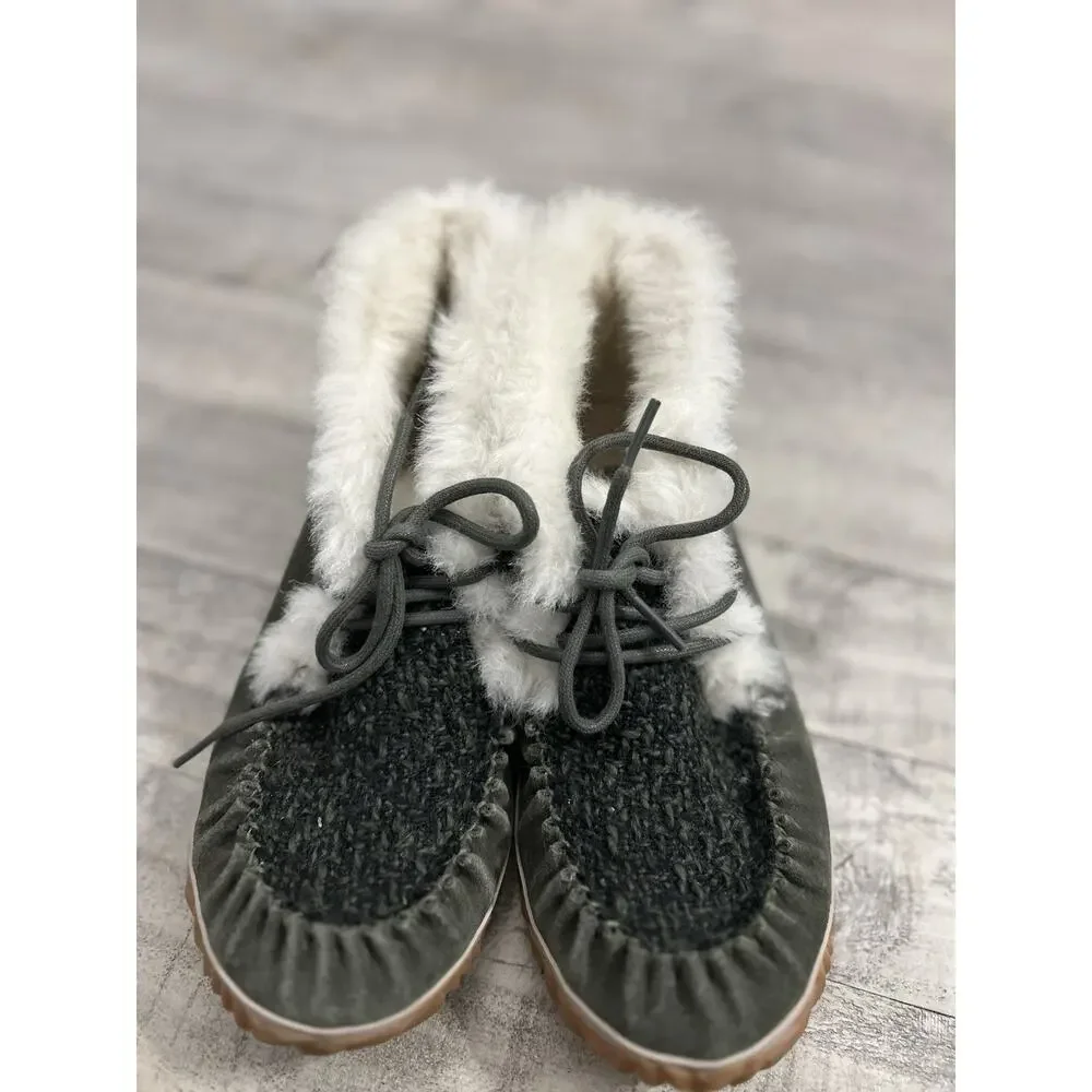 Sorel Womens 7.5 Out N About Moc Olive Green Suede Faux Shearling Lined Moccasin